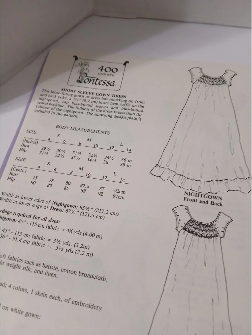 Vintage Contessa 400 Smocking Pattern Women Short Sleeved Gown Dress S M L Uncut